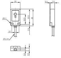 Dimensional Drawing for BPS Series Length 7.5 Millimeter (mm) Flat Photoelectric Sensor