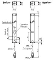 Dimensional Drawing for BW Series Single-Beam Area Sensor