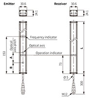 Dimensional Drawing for BWC Series Cross-Beam Area Sensor
